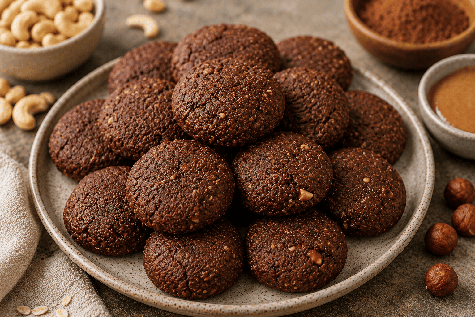 Homemade cocoa protein cookies made with oat bran, carob, whey protein, cashews, and hazelnut tahini on a rustic serving plate.