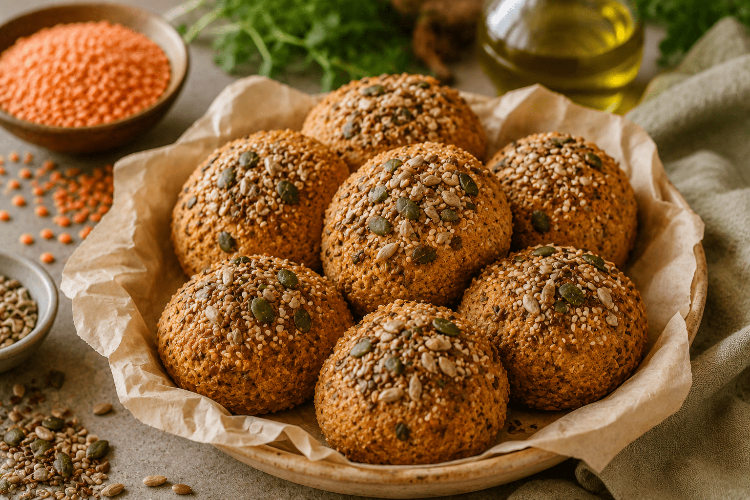 Freshly baked gluten-free lentil bread rolls made with red lentils, psyllium husk, seeds, and olive oil.