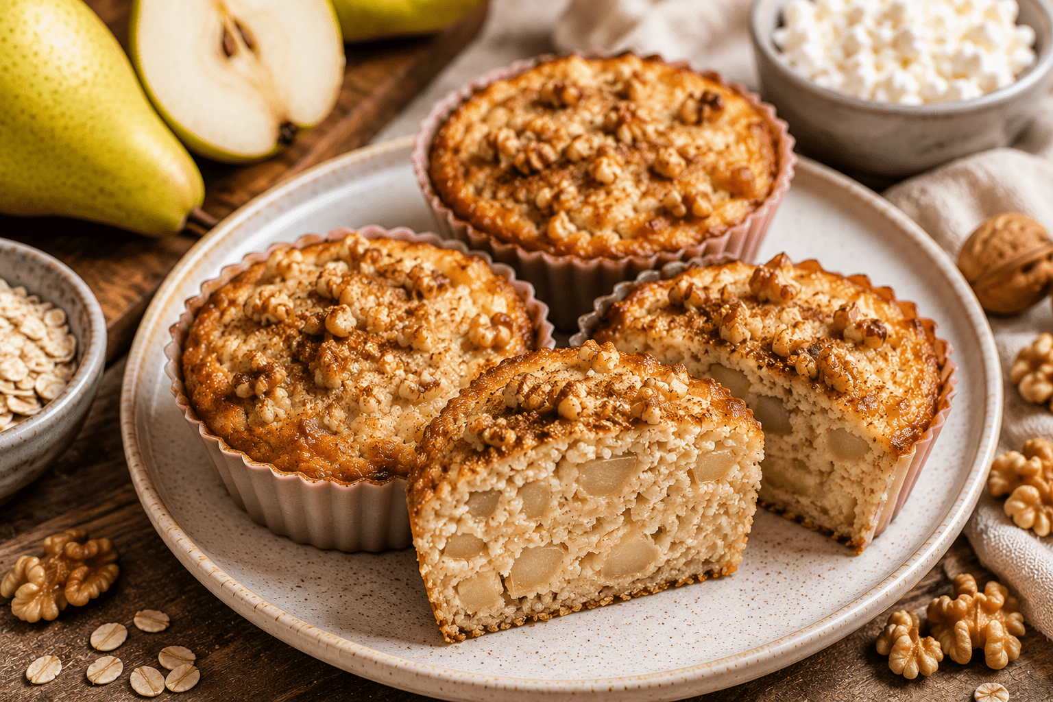 Soft pear and quark protein cakes baked in silicone molds with oats, walnuts, and cinnamon, served on a plate