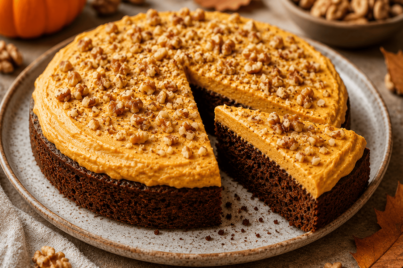 Moist autumn cake topped with creamy pumpkin and cream cheese frosting, sprinkled with chopped walnuts.