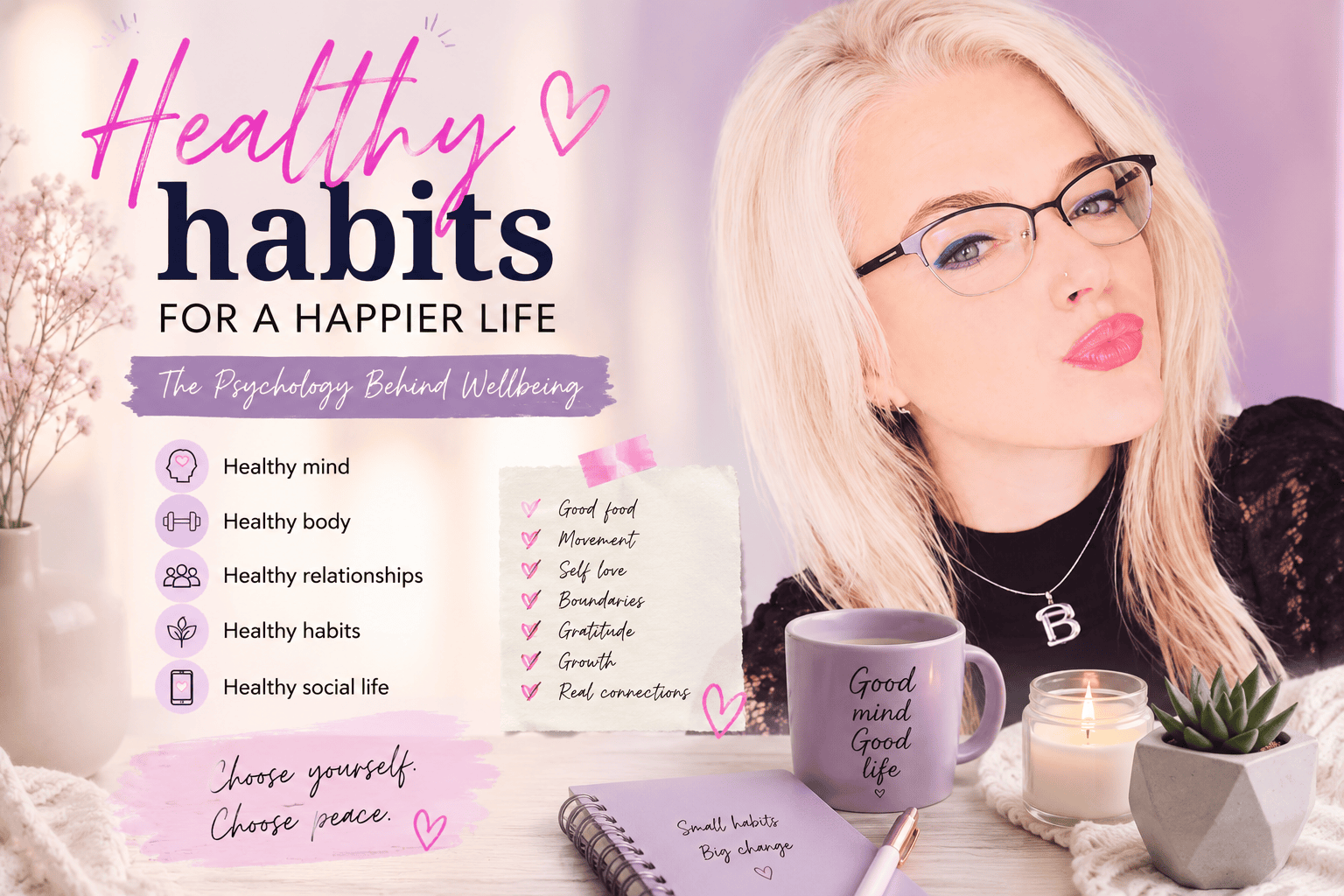 Woman promoting healthy habits for a happier life through psychology, mindfulness, self-care and positive lifestyle choices.