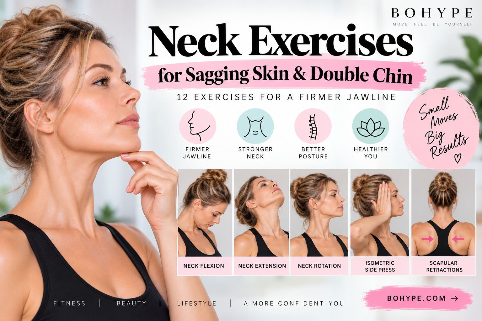 Woman demonstrating neck exercises for a firmer jawline and neck