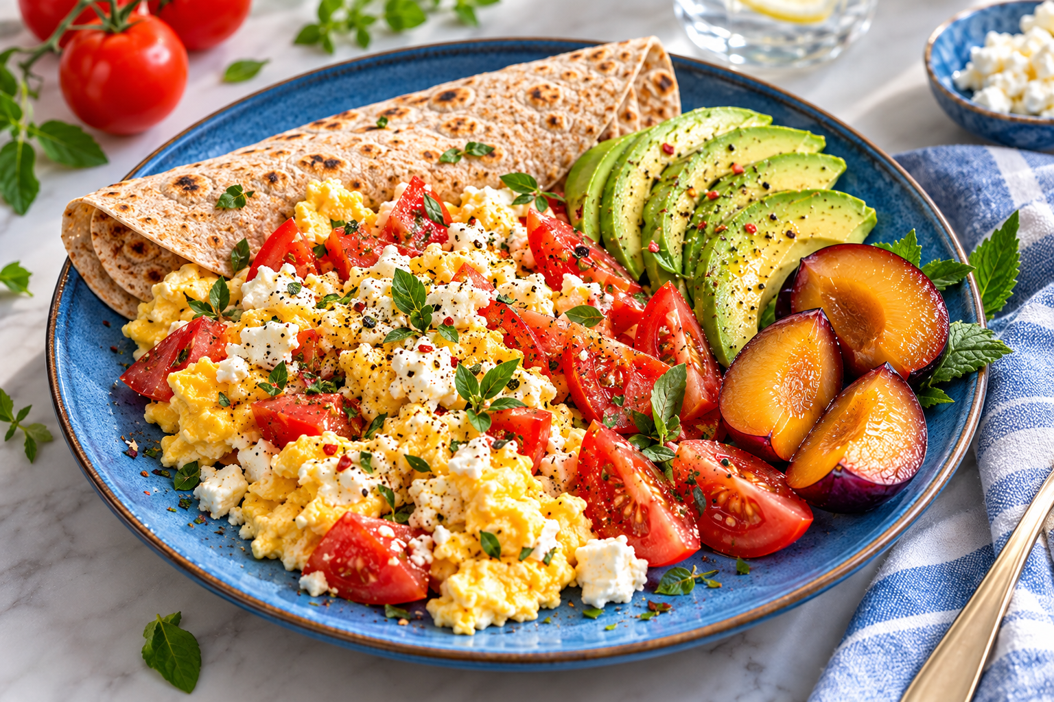 3-Block Lavash Scramble with Tomato, Avocado & Plums